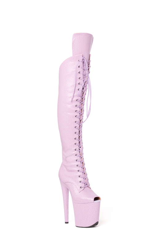 Hard Over The Knee Open Toe Boots in Snake Finish Lilac