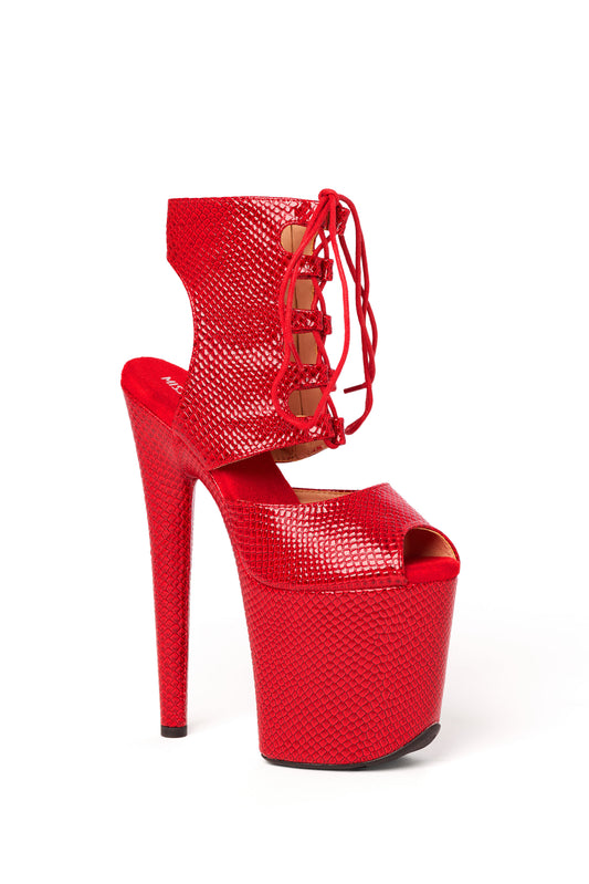 Fame Over The Ankle Sandals in Snake Finish Red