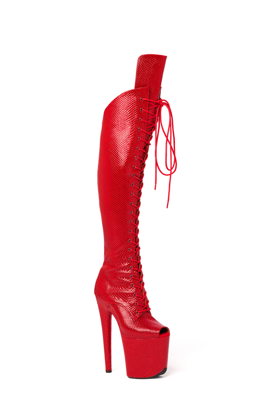 Hard Over The Knee Open Toe Boots in Snake Finish Red